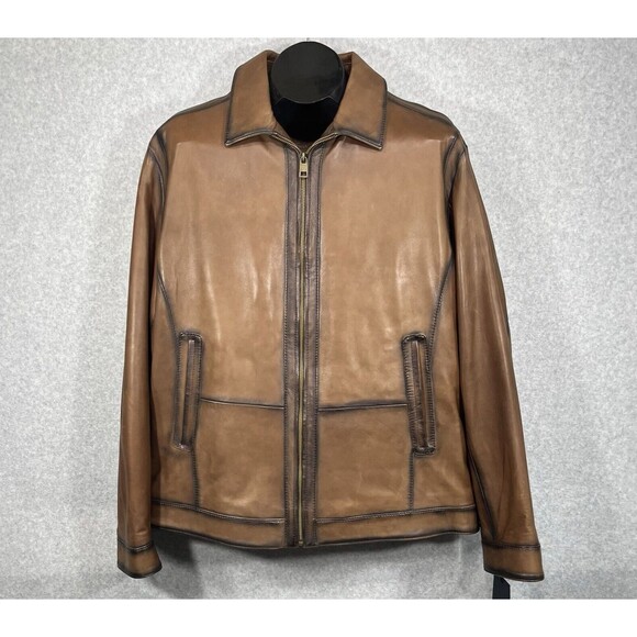 Roundtree Yorke Genuine Lambskin Men’s Lg Burnished Leather Jacket Brown Cognac - Picture 1 of 16